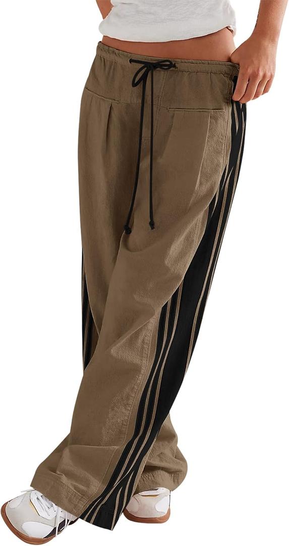 LOMON Pants for Women Wide Leg Side Striped Pants Drawstring Baggy Palazzo Work Trousers with Pockets