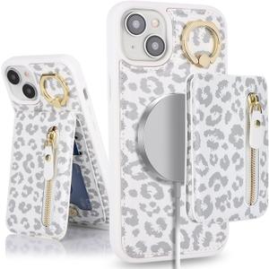 for iPhone 13 Phone case with Card Holder with Compatible magsafe Magnetic, Key Chain PU Leather Flip Kickstand Detachable 2-in-1 Wallet case for Apple13 Women Men-White Leopard