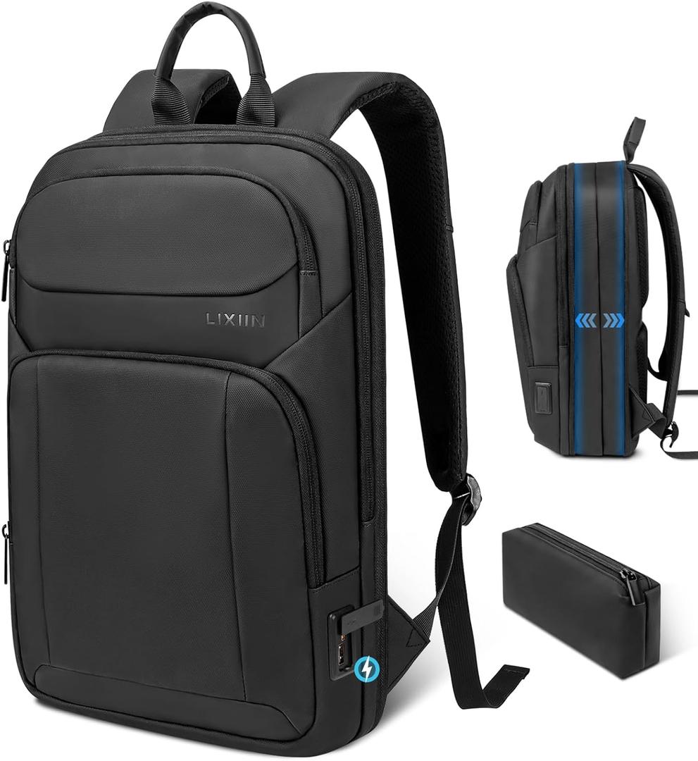 Backpack for Men Slim & Expandable Travel Laptop Backpack with USB Charging Port Water Resistant Anti-Theft Business Backpack Fits 17.3In Laptop for Commute Work College with Small BagBusiness Black