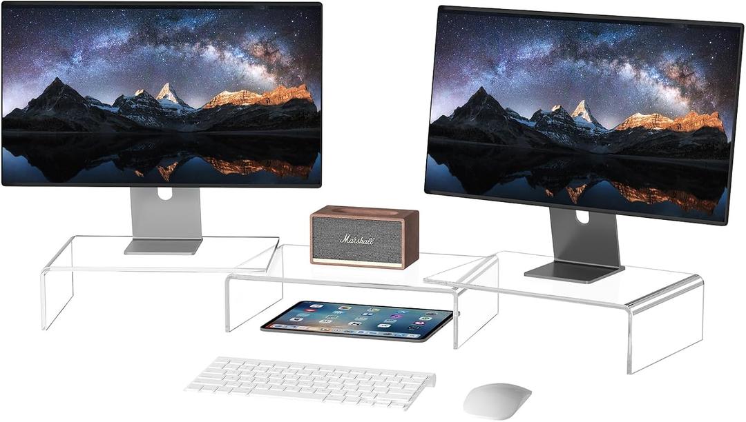X-cosrack Acrylic Monitor Stand Riser,Dual Monitor Stand with Adjustable Length and Angle,3 Shelf with Anti-Slip Mat for Laptop, Computer, PC, Printer,TV Screen
