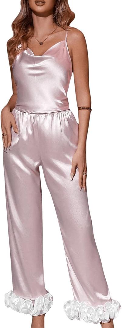 MakeMeChic Women's 2 Piece Valentines Pajamas Set Satin Silk Sexy Pjs Ruffle Cami Top and Pants Coquette Sleepwear (Large, Pink)