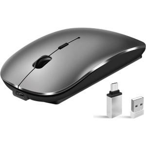 Wireless Mouse for Laptop, Bluetooth Mouse for MacBook Pro/Air/Mac/iPad/Chromebook/Computer -Rechargeale Dual Mode(USB 2.4Ghz + Bluetooth 5.2) Silent Cordless Mice with USB C Adapter,GrayBlack