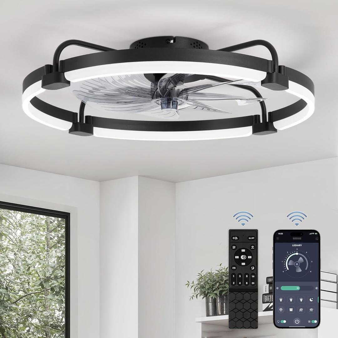 Ceiling Fans with Lights and Remote, 24'' Low Profile Ceiling Fan with Light, 3000-6000K Dimmable Fandelier LED Fan Light, 6 Wind Speeds, Black Modern Flush Mount Ceiling Fan for Bedroom