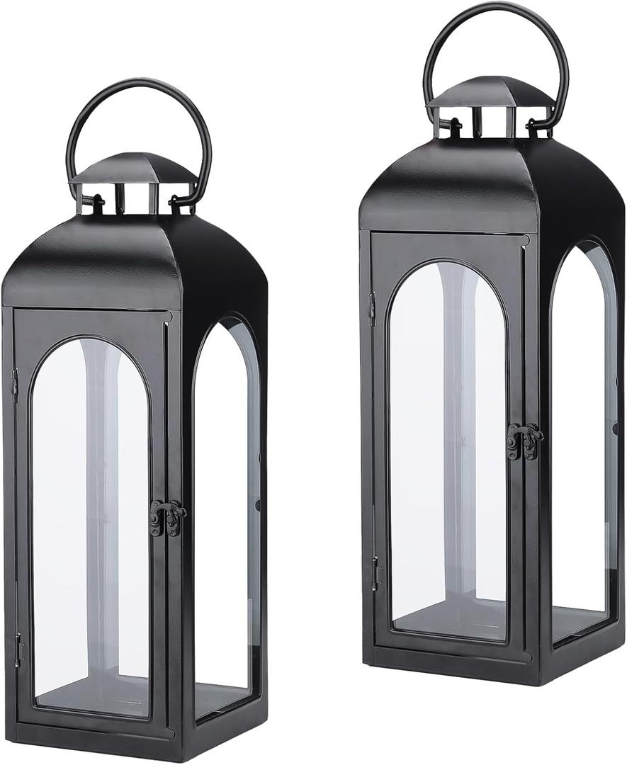 Bdor 2 Pack Luxury Black Metal Lanterns  16" Tall Modern Hurricane Candle Lanterns with Tempered Glass Panels for Front Porch, Tabletop, Mantel, Wall Hanging, Garden, Indoor & Outdoor Dcor