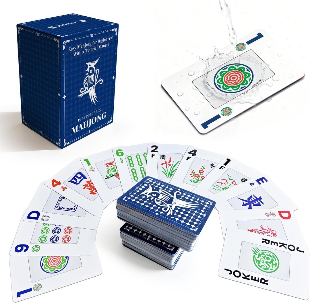 166-Pcs Mahjong Playing Cards - Waterproof & Non-Slip PVC Material, Large Font for Easy Reading, Durable & Portable, Ideal for Beginners & Elderly, Perfect for Travel, Camping,Family Games