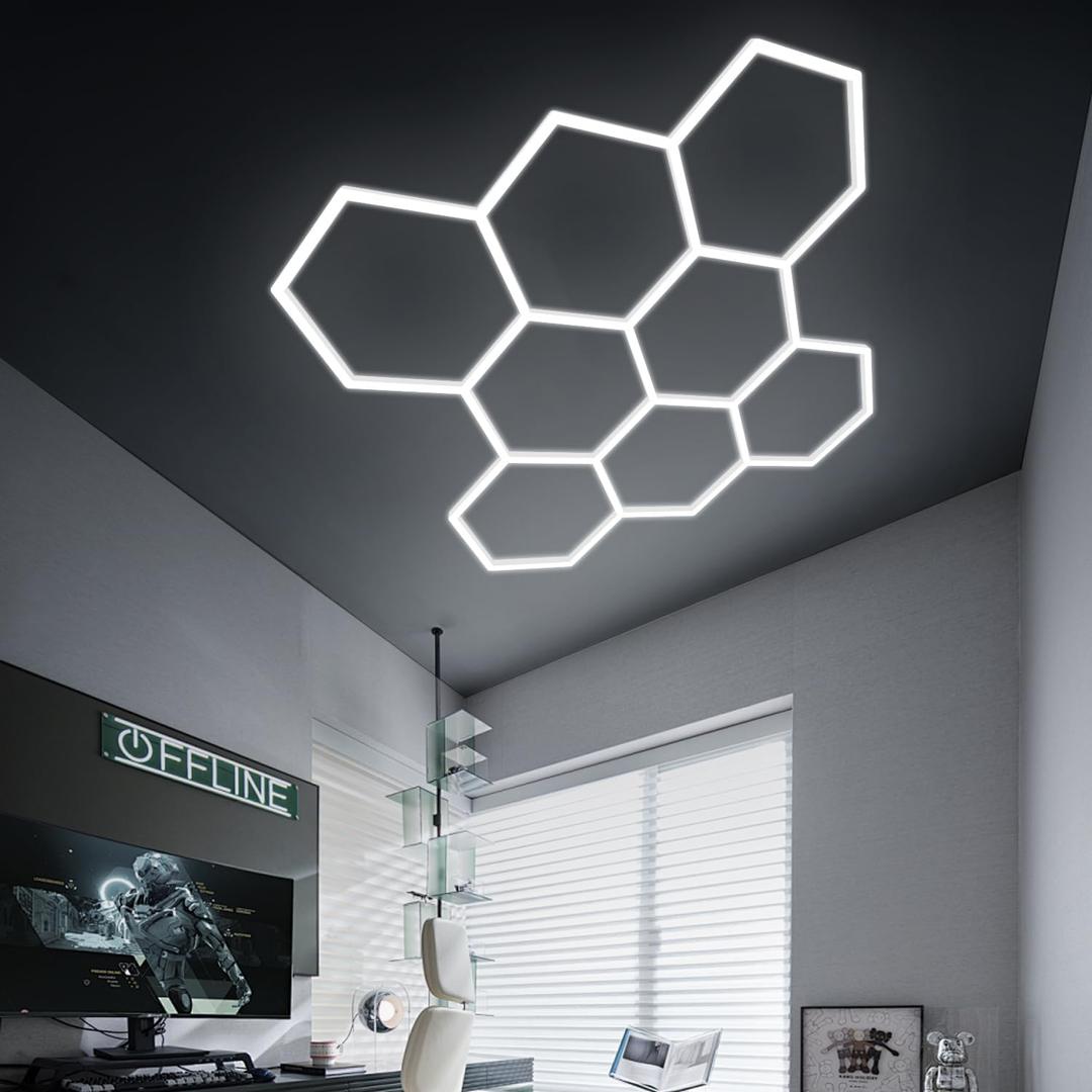 Hexagon LED Garage Light,8 Honeycomb 35packs Tubes 6500K 280W 2.4X2.3m, Hex Ceiling Light for Gym Basement Warehouse Auto Beauty Shop Car Detailing Lighting (Hexagon-8)