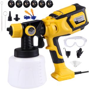 1000W Paint Sprayer with Cleaning & Blowing Joints,1400ml Cup Spray Paint Gun with Adjustable Flow Width,6 Nozzles and 3 Patterns,Yellow Paint Sprayer for House Painting,Easy to Clean