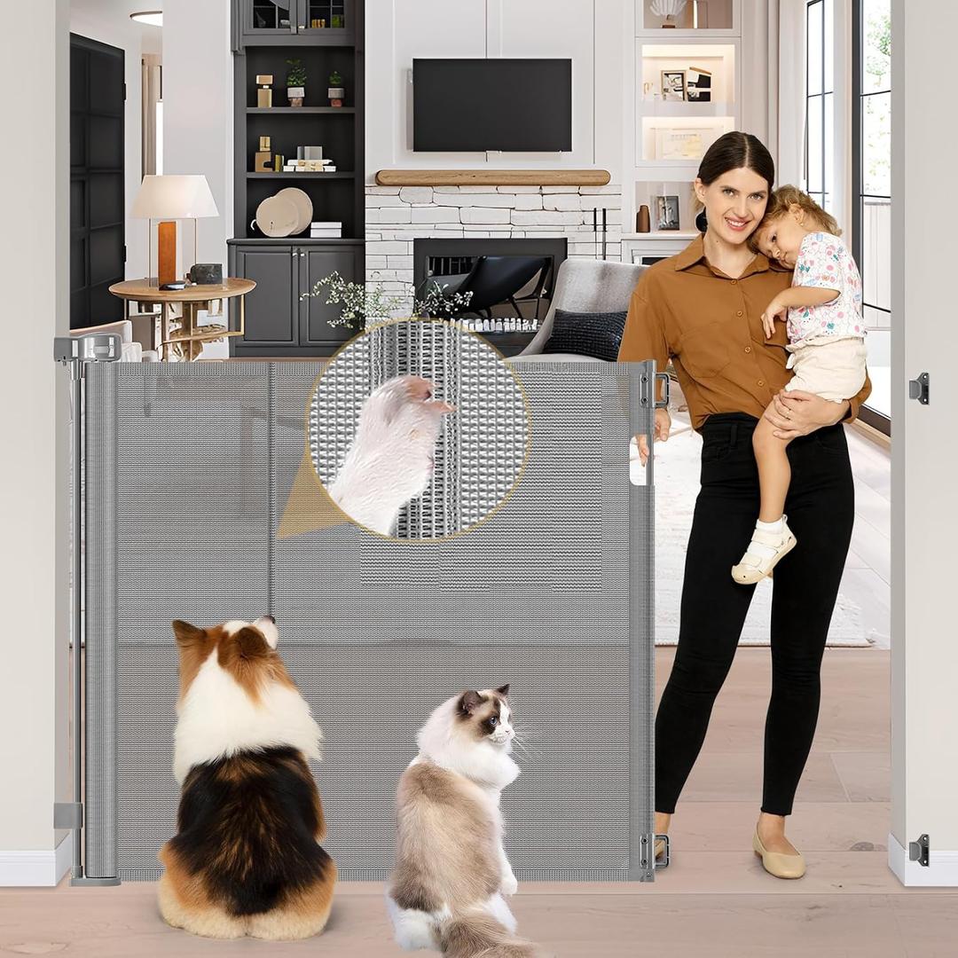 Reinforced 42" Extra Tall Baby Gate 55" Wide Retractable Dog Gate with Support Rods - Bottom Anti-Escape, Extra Tall Pet Gate Indoor Stair Gate Retractable Gates for Dogs Outdoor Gates for Decks, Gray