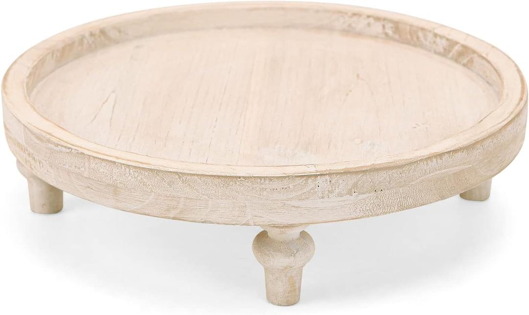 NIKKY HOME White Round Wood Decorative Tray, 12 Inch Rustic Farmhouse Centerpiece Decor for Coffee Bar, Kitchen Counter, Dining Room Table
