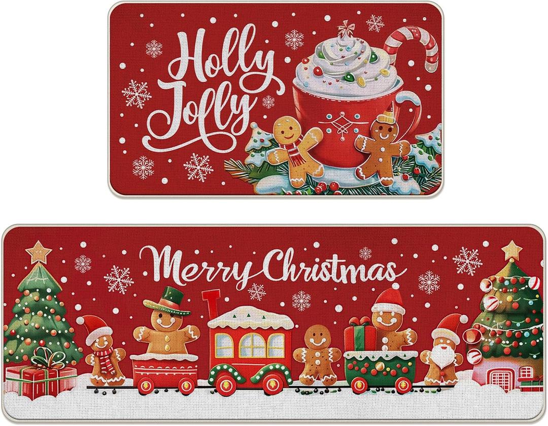 Merry Christmas Gingerbread Man Kitchen Rugs Set of 2, Jolly Holly Coffee Xmas Tree Train Floor Mats Home Decor, Winter Snowflake Door Mat Decorations - 17x29 and 17x47 Inches