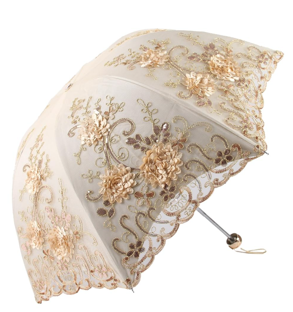 Honeystore Vintage Lace UV Sun Parasol Folding 3D Flower Embroidery Umbrella