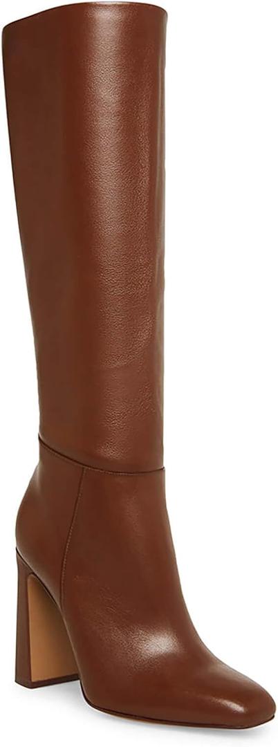 Coutgo Women's Chunky Heeled Knee High Boots Classic Leather Square Toe Zippered Tall Boot (Brown)
