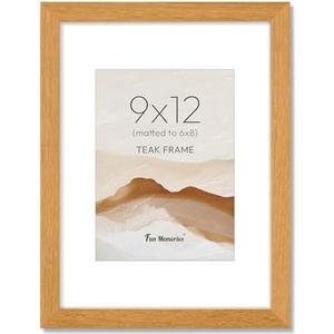 Fun Memories 9x12 Picture Frame, USA-Sourced Teak Wood Photo Frames with HD Tempered Glass, Rustic Wooden 9x12 Frame with Mat for 6x8, Minimalist 9 x 12 Wood Frames for Wall & Tabletop Display