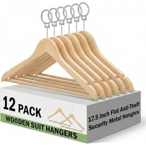 Leinuosen 12 Pack Hotel Suit Hangers, 17.5 Inch Flat Anti-Theft Security Metal Hangers with Closed Loop for Hotels Retail Stores Gyms (Natural Wood)
