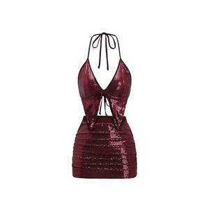 SHENHE Women's Y2k 2 Piece Sexy Outfits Backless Halter Crop Top and Ruched Bodycon Mini Skirt Set Sequin Burgundy Medium