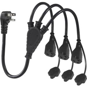 KUNCAN Outdoor 3-Outlet Power Splitter, 90-Degree Flat Plug 1 to 3 Way Outlet Adapter 1.5FT SJTW 16AWG 3-Prong Power Cord Extension Strip with Outlet Cover for Holiday Decoration String Light(1-Pack)