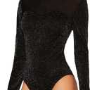 WDIRARA Women's Square Neck Mesh Long Sleeve Elegant Simple Fitted Top Bodysuit (Black, XS)