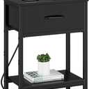 Vagusicc Black Nightstand with Charging Station, End Table with Fabric Drawer, Small Side Table with 2-Tier Storage Shelves, 25.4" Tall Bedside Table, Black Night Stand for Bedroom, Living Room, Dorm (Black (1 Pack))