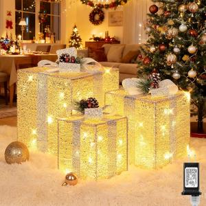 Brightever Set of 3 Christmas Lighted Gift Boxes for Christmas Porch Decor 10" 8" 6", Plugin Xmas Present Box in 3 Colors with 70 LED Mini String Lights, Vintage Ornaments Set for Tree Fireplace Multicolor