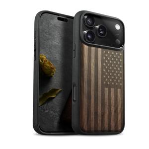 Carveit Magnetic Wooden Case for iPhone 17 Pro Max Case, Wood Artisan Engraved & Black Soft TPU Shockproof Cover, Compatible with MagSafe Wireless Chargers (The Classic American Flag) Walnut