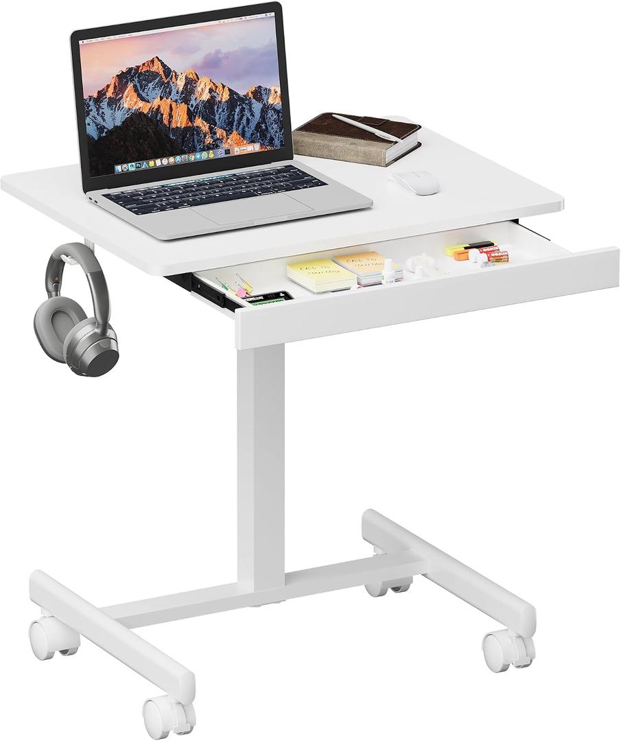 Rolling Standing Desk with Drawer, Pneumatic Laptop Desk (White)Height adjustable rolling laptop desk with storage drawer, side hook and lockable wheels for home office, white.