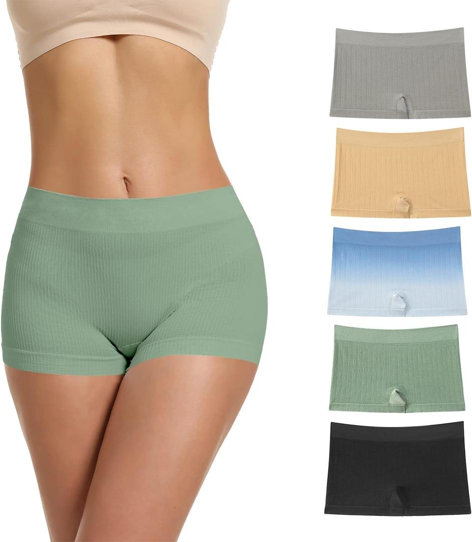 LALESTE Women's Boyshort Underwear Full Coverage Seamless Panties Soft Stretch Boxer Briefs 5 Packs (Blue/Green/Grey/Yellow/Black) S