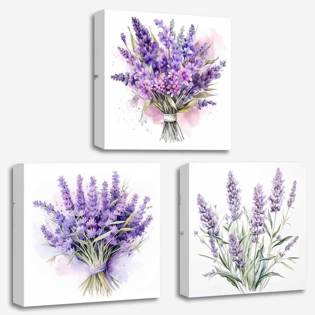 QIXIANG Lavender Canvas Wall Art 3 Pieces Rustic Purple Flowers Country Floral Painting Prints for Bathroom Bedroom Living Room Decor Framed (Lavender,10.00" x 10.00" x3Pcs)