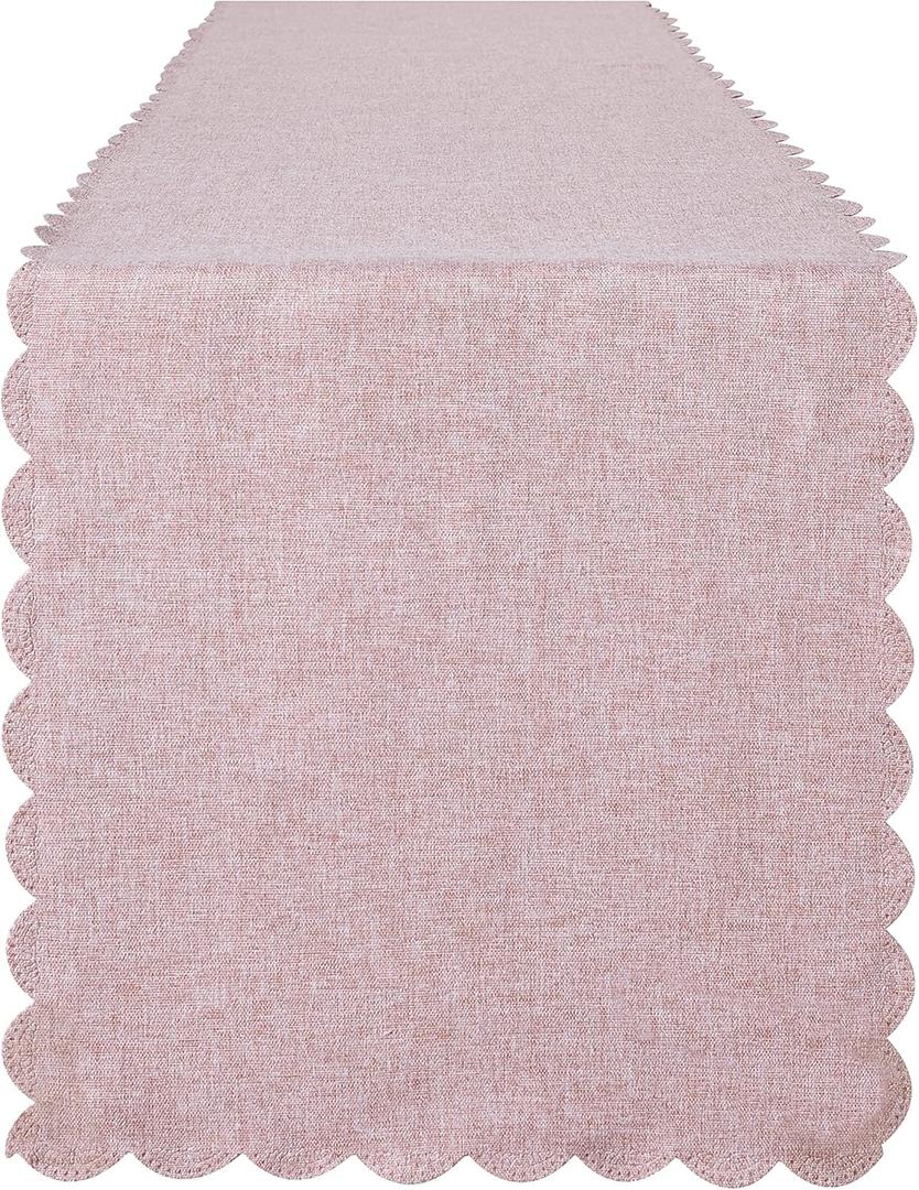 Pink Cotton Linen Table Runner 13 x 108 Inches, Farmhouse Scallop Style Linen for Kitchen Dining Coffee Parties Wedding Home Decor