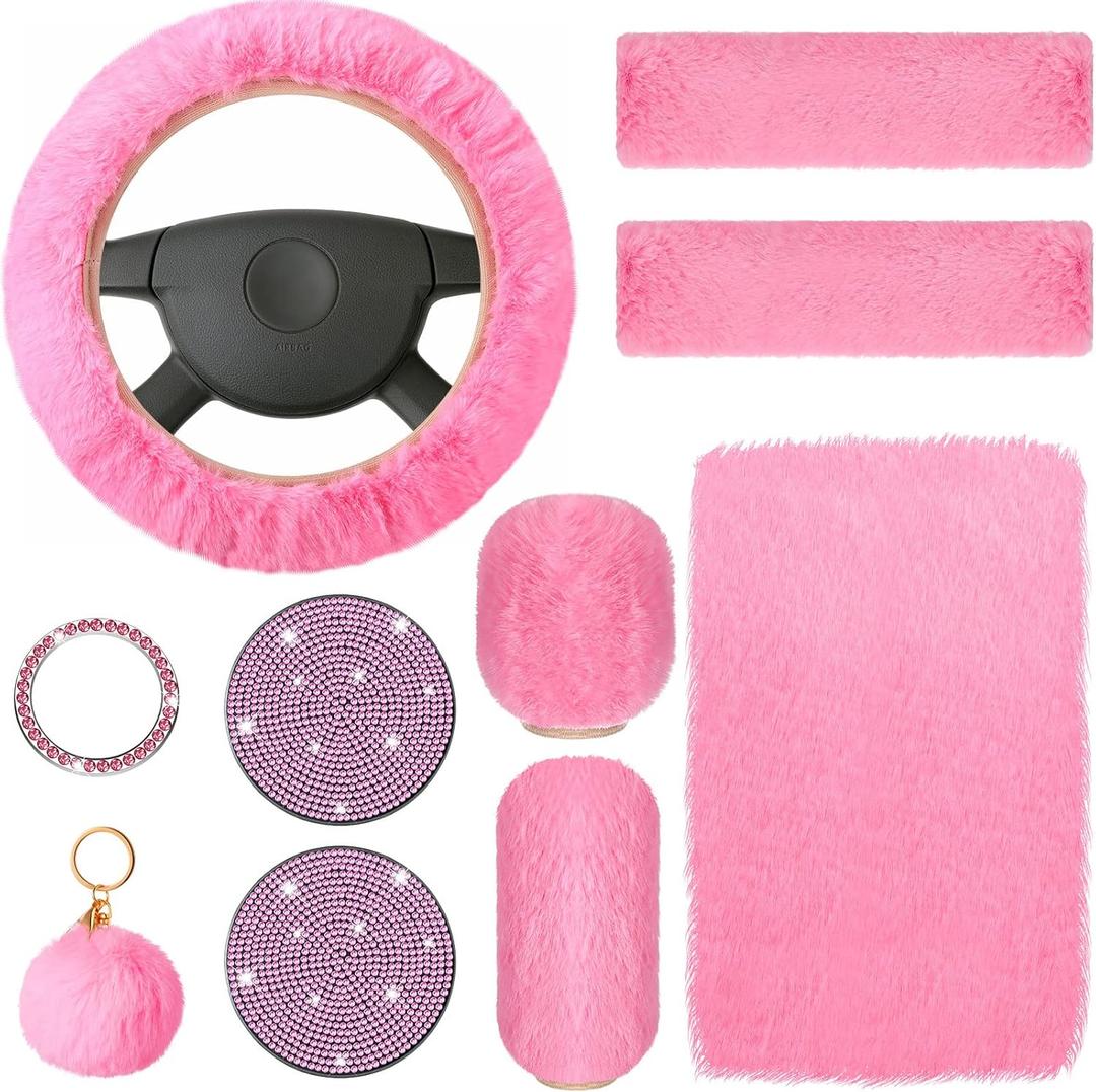 Frienda 10 Pcs Fluffy Car Steering Wheel Covers Handbrake and Gear Shift Cover Seat Belt Shoulder Pads Diamond Mat Ignition Ring Ball Key Chain Armrest Box Mat Car Accessories Set(Pink)