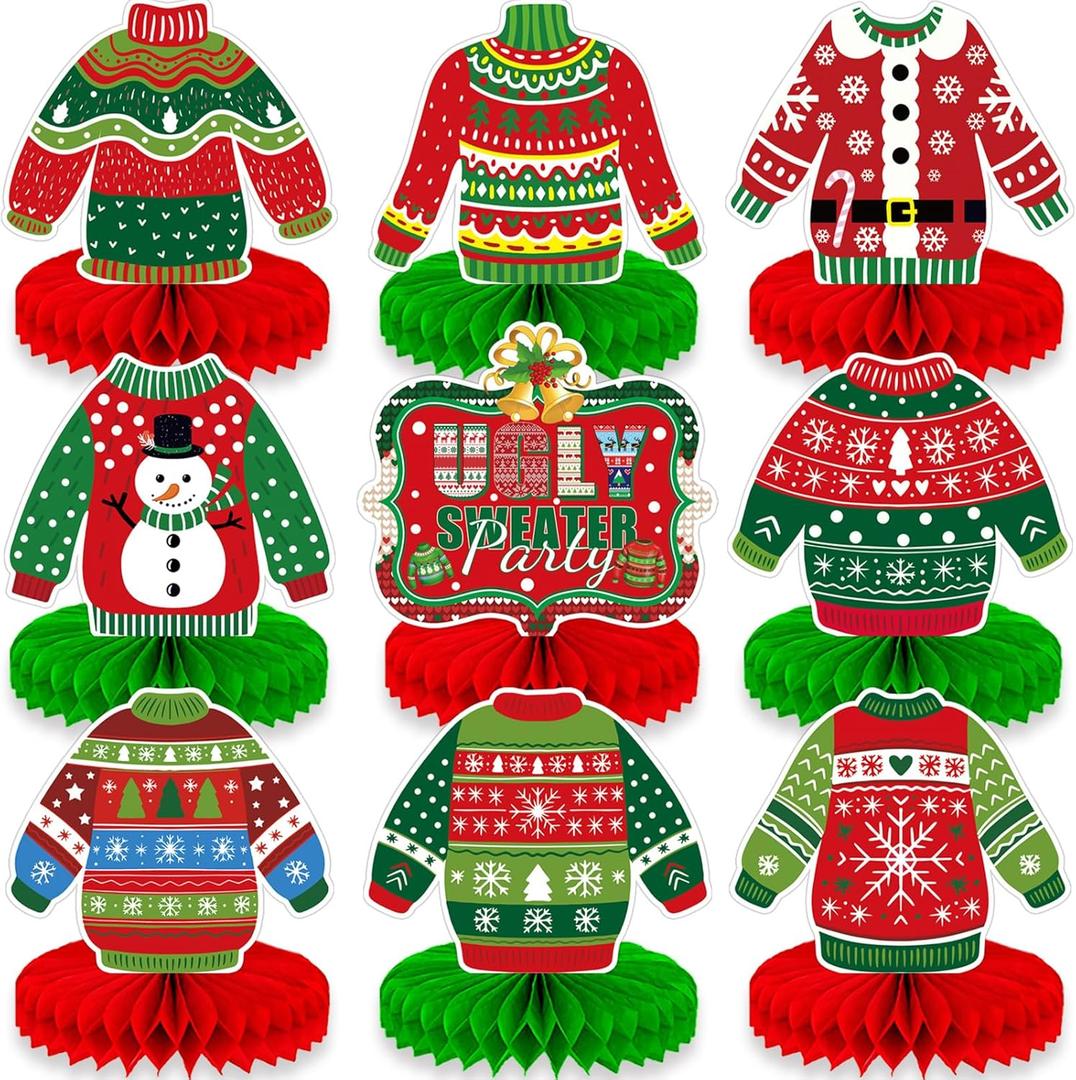 9 Pieces Ugly Christmas Sweater Honeycomb Centerpieces Table Decor, Holiday Party Table Toppers Ornaments Signs, Fun Xmas Sweater Party Decorations