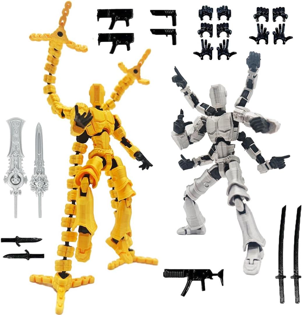 T13 3D Action Figure Set (Assembly Completed) 2 Pcs, 3D Printed Multi-Jointed, Titan 13 Action Figures, Multi-Articular Lucky Mobile Robot Nova,Desktop Decorations for Game Lovers Toys (Gold Sliver)
