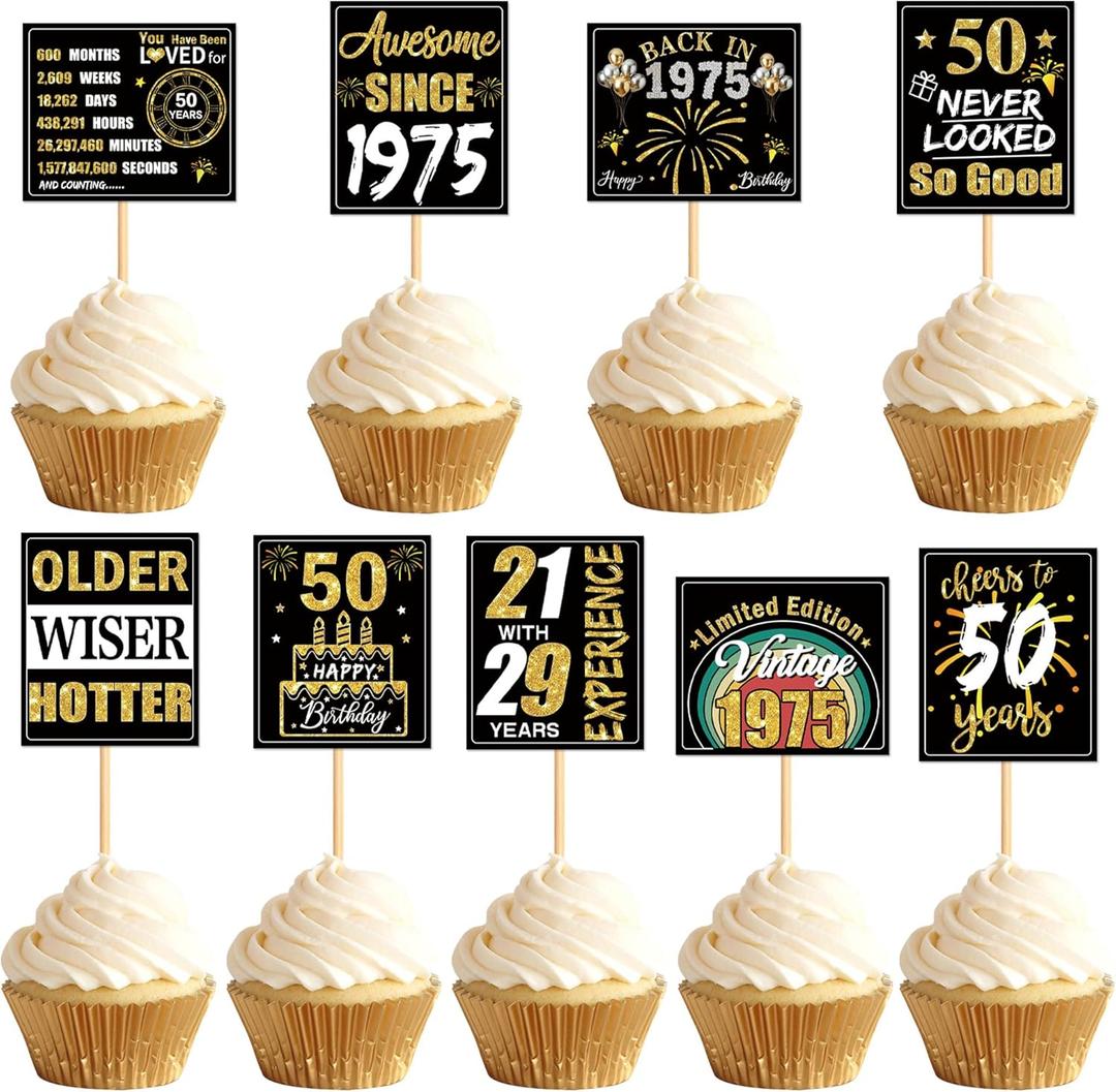 2 x Ercadio 36PCS Happy 50th Birthday Cupcake Toppers Glitter Fifty Vintage 1975 Cake Picks Cheers to 50 Fabulous Older Wiser Hotter Cake Decor for 50th Birthday Wedding Anniversary Party Supplies