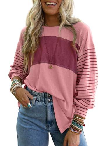 Women's Lightweight Color Block Striped Tunic Tops Long Sleeve Loose Fit Pullover Soft Tops Shirts Side Split, XL