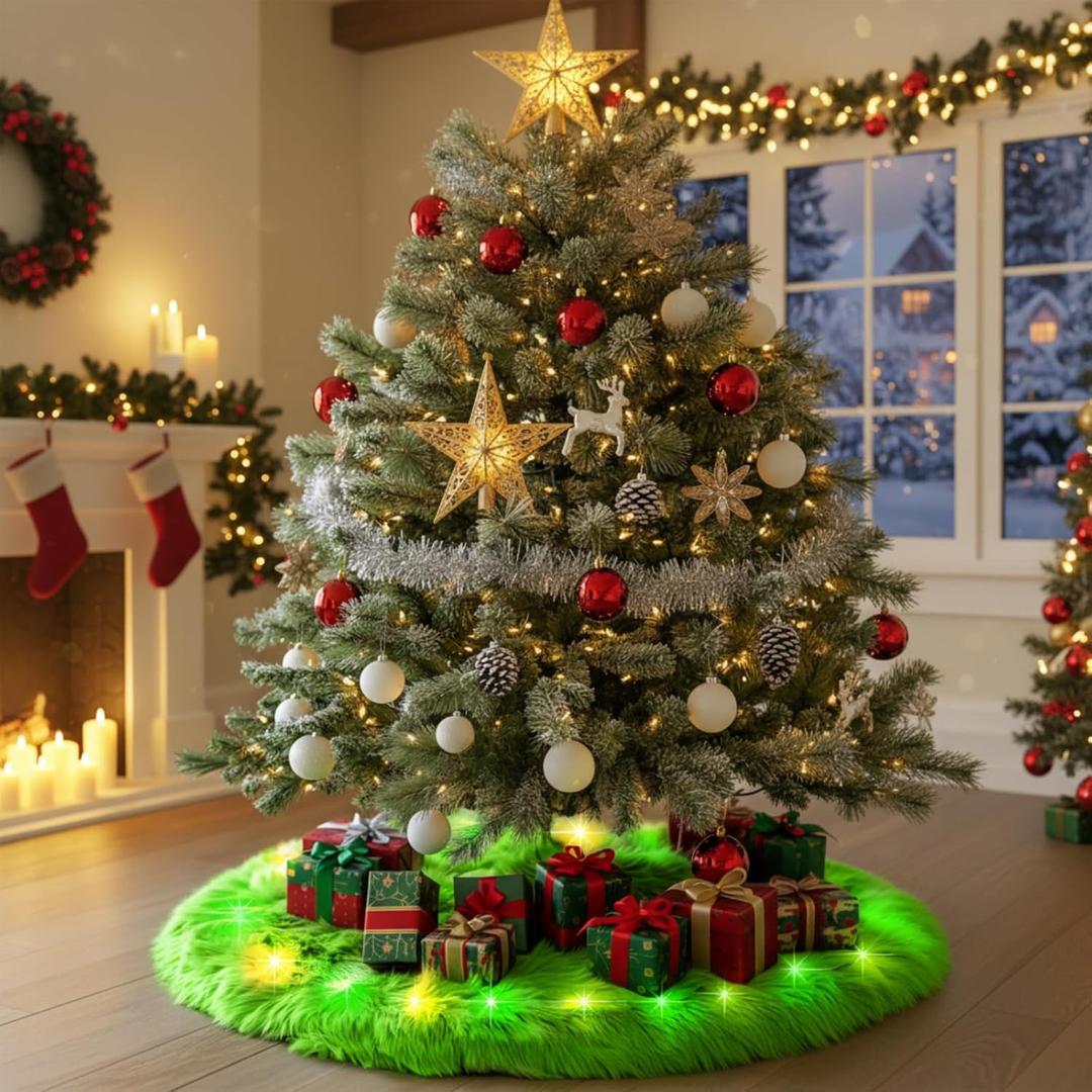Soulchen 72 Inch Lime Green Christmas Tree Skirt with LED Light Fur Xmas Tree Collar Mat Pure Faux Round Carpet for Merry Christmas Xmas Decoration Home Decor Party Ornaments