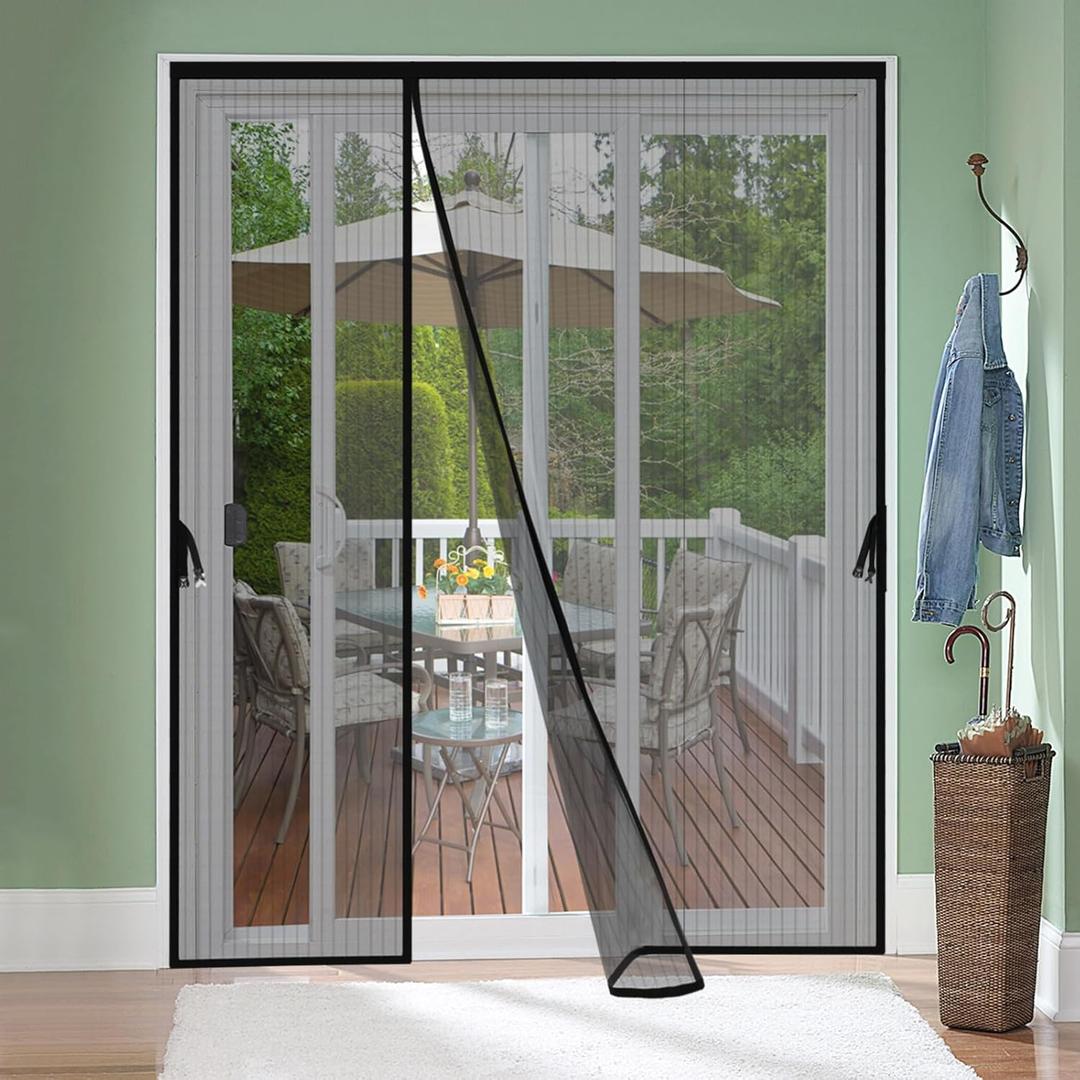Reversible Left Right Side Opening Magnetic Screen Door for 72 x 96 in French Door, Screen Itself Size: 74" x 97", Glass Sliding Door Heavy Duty Screen Door Mesh Curtain for Front Patio Or Large Door (Polyester-Black)