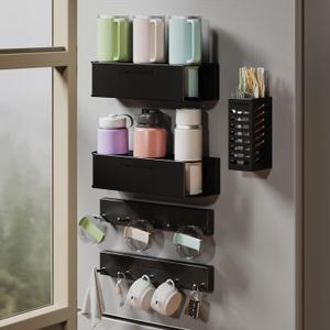 Evemlceol Magnetic Cup Holder for Fridge for 20/30/40 oz Stanley Tumblers Water Bottle Holders & Lid Hook Organizers 2 Pack with Straw Accessories Storage (6 Cups, 10 Hooks)