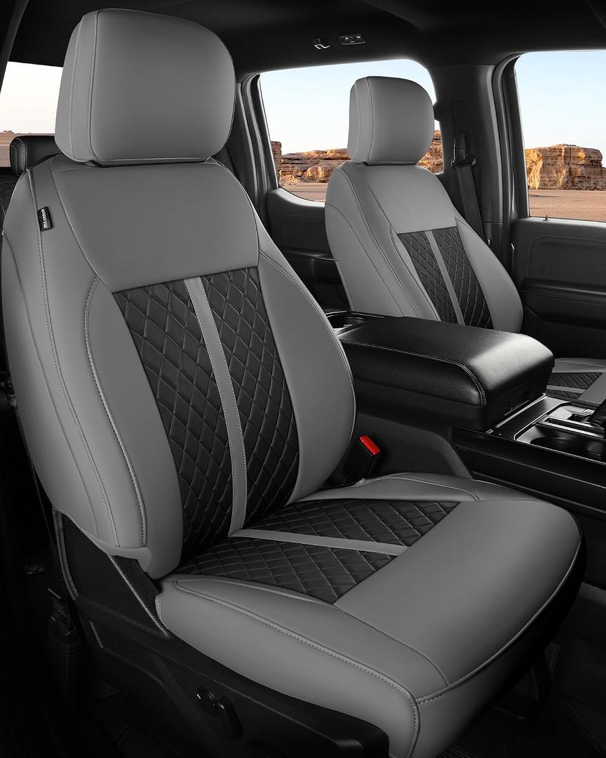 Ford F150 Leather Seat Covers, SuperCrew XL XLT 2021-2026, F250 F350 F450 Super Duty Crew Cab 2023-2026, Custom Truck Seat Cover Full Set, Pickup Accessories, Gray Black (Bucket Seat)
