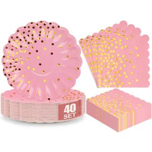 80PCS Pink and Gold Paper Plates Napkins Party Supplies,7 Inch Gold Dot Dessert Plate & 6.5 Inch Napkin,Disposable Tableware Set for Weddings, Birthday,Anniversaries,Graduation,40 Guests