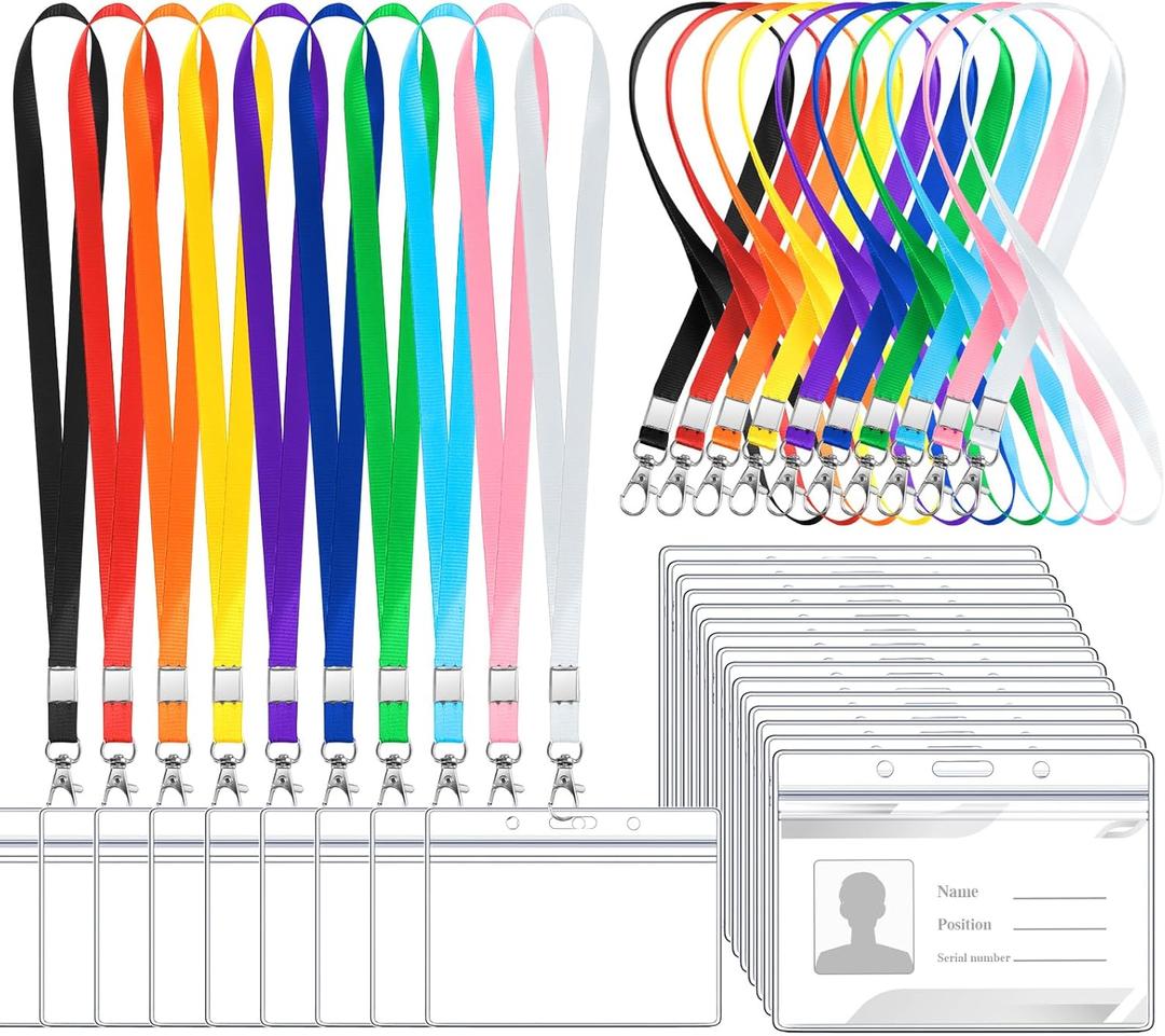 100 Pack Name Tag Lanyards with Id Holder, Clear Plastic Horizontal Name Tags Holders and Black Badge Lanyards with ID Holder for School Office Team Workers Volunteers 