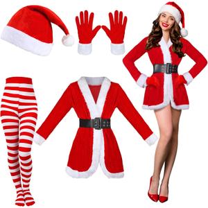 Funtery 5 Pcs Santa Claus Costume Women Christmas Suit Including Velvet Dress with Belt, Hat, Striped Tights, Velvet Gloves (XX-Large, Red)