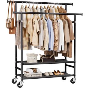 HYSEYY Clothes Rack,Double Rods Rolling Clothing Rack for Hanging Clothes,Portable Garment Rack with 2-Tier Storage Shelves,Free Standing Wardrobe Closet Coat Rack on wheels for Bedroom,Laundry Room