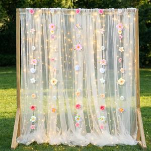 2 Panels White Tulle Backdrop Curtain with Lights String & 5 Pcs Artificial Hanging Flowers Garland 108ft Sheer Backdrop Curtains for Wedding Baby Shower Valentines Birthday Home Decor