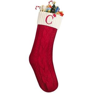Christmas Stockings with Initials, 18", Letter C, Red and Cream, Cable Knit Stockings for Christmas, Cable Knit Christmas Stocking for Christmas, Large Knit Stockings Christmas
