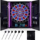Electronic Dart Board, Electric Dartboard Cabinet Set for Adults [6 Soft Tip Darts] Individual Light Color for Each Player- Wooden Dartboard Cabinet for Family Game