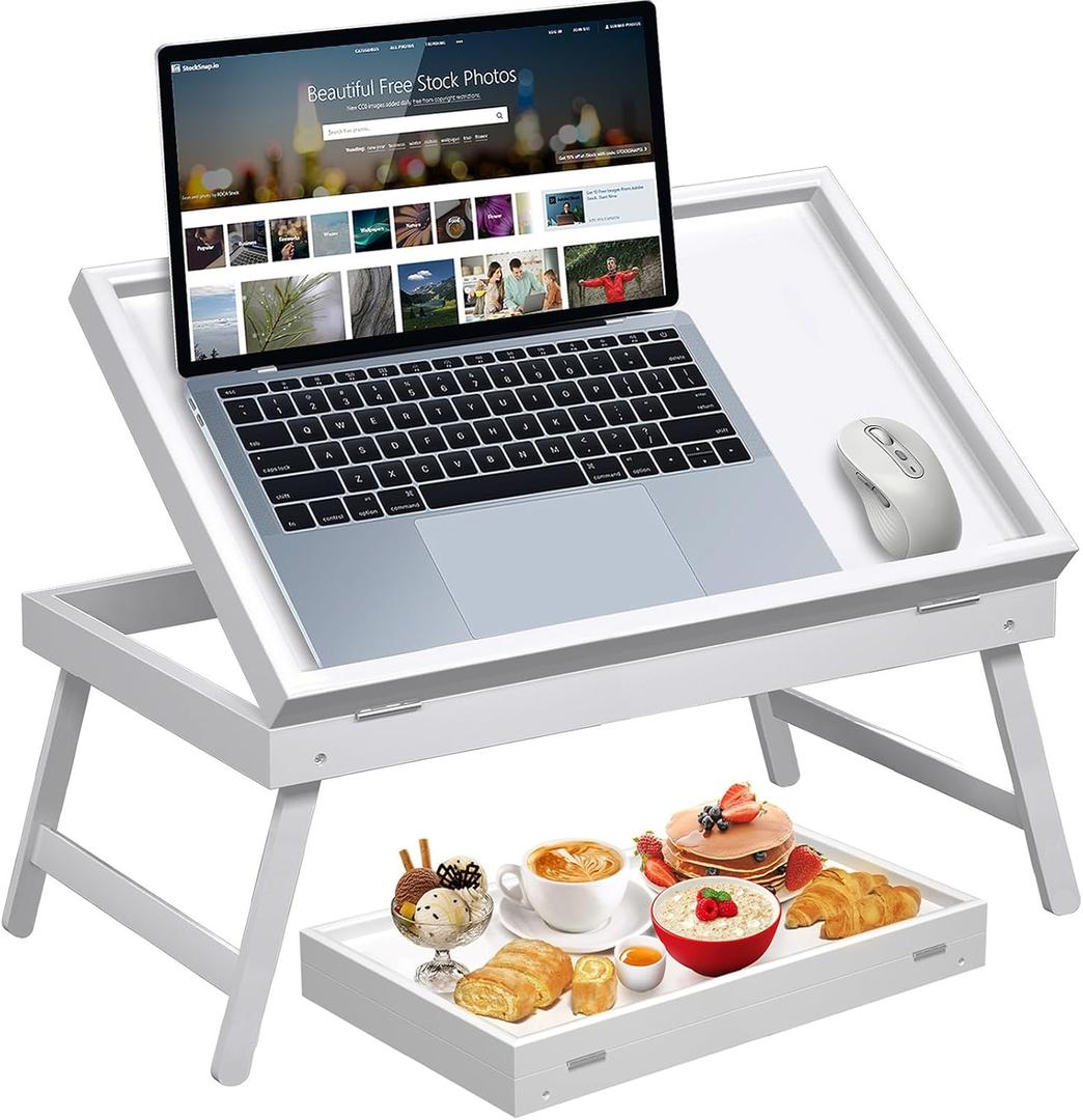 Bamboo Bed Tray Table,Breakfast Trays with Folding Legs,Kitchen Serving Tray for Sofa,Eating and Working,Used As Laptop Desk Snack Tray,White