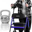 Upright Walkers for Seniors, 450 lb Heavy Duty Stand Up Rollator Walker with Adjustable Soft Sponge Armsupport & Seat, Tall Standing Folding Rolling Walker with 8'' Wheel, Blue