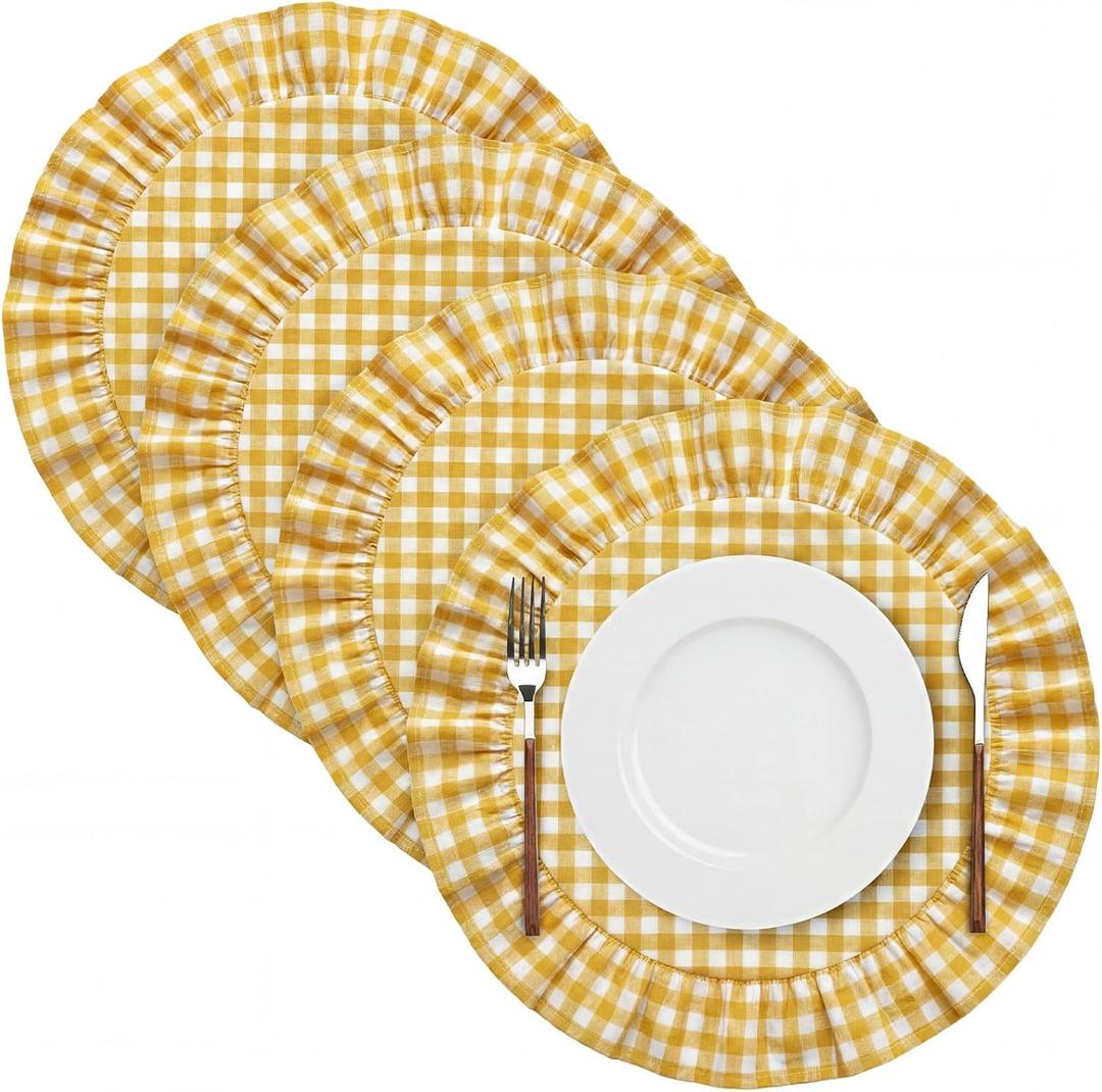 4 Pcs 15 Inch 100% Cotton Scalloped Round Placemats, Thin Yellow Gingham Place Mats with Ruffle, Washable Placemats Table Mats for Kitchen Dining Holiday Gatherings Decor