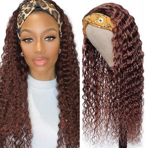 16 Inch #4 Brown Headband Wig Human Hair Water Wave Chocolate Brown None Lace Front Wigs 150% Density Unprocessed Brazilian Virgin Hair Machine Made Wig