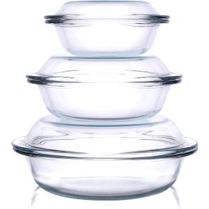 Set of 6 Round Glass Casserole Dishes, Nesting Glass Baking Dish Set with Lid, Oven, Freezer and Dishwasher Safe. - 0.5QT+1QT+1.8QT
