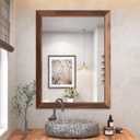 SMIROR 24 x 32 Inch Rustic Bathroom Mirror for Over Sink, Brown Walnut Metal Framed Farmhouse Rectangle Vanity Mirrors for Wall, Wooden Grain, Thick Frame, (Horizontally/Vertically) (32"L x 24"W, Walnut)